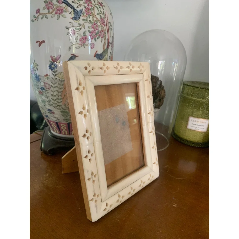 Vintage Bone Inlay Picture Frame Hand Carved Cream 4x6 Boho Decor